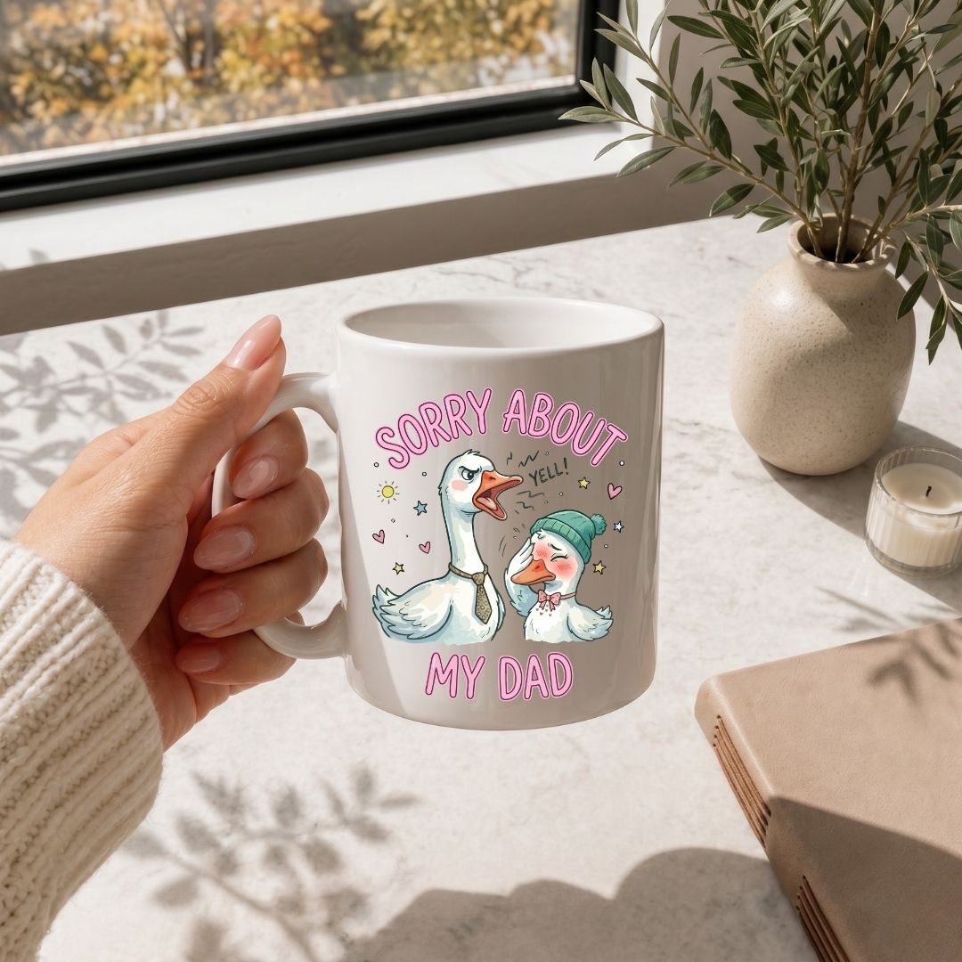 White Ceramic Coffee Mug with Funny Yelling Goose Mockup