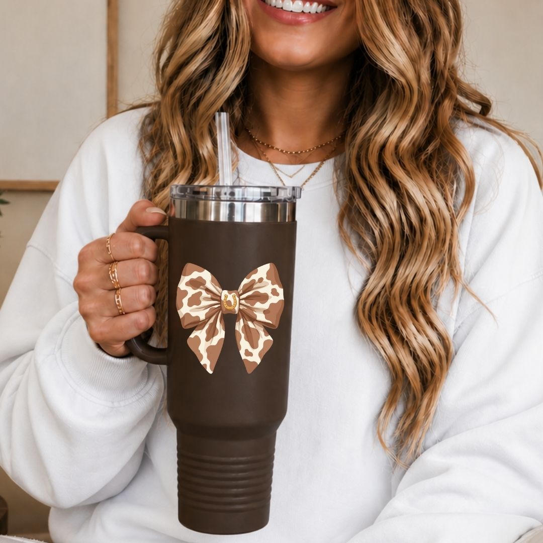 Dark Brown Travel Tumbler with Cow Hide Bow Print