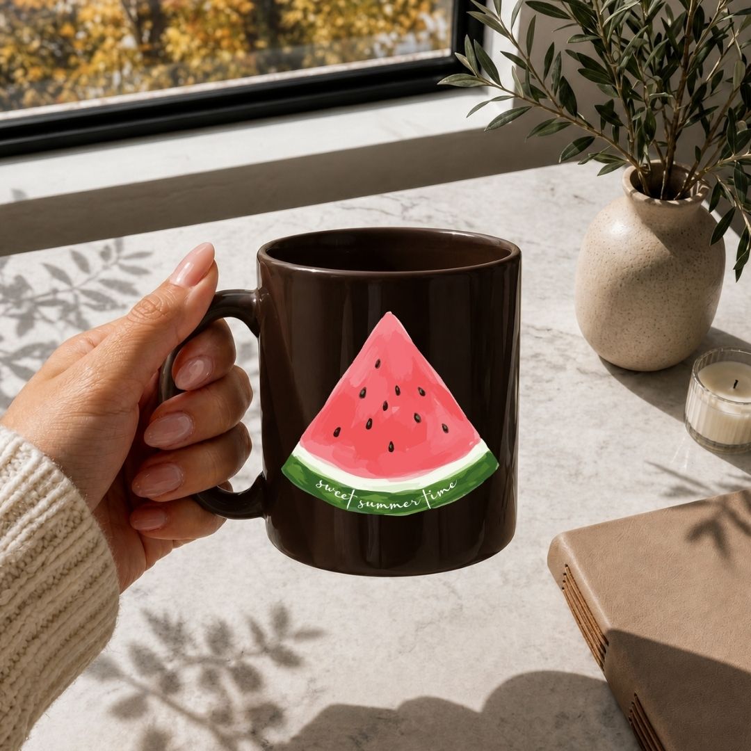 A hand with manicured nails holding a dark brown ceramic coffee mug featuring the vibrant pink watermelon slice sticker graphic next to a book.