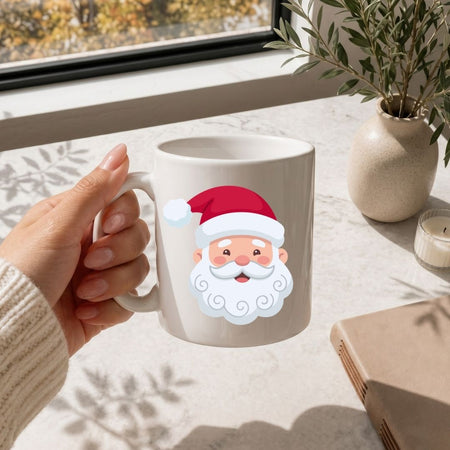 A hand holds a white ceramic mug featuring a cartoon Santa Claus face with a red hat and white beard, set on a light marble tabletop near a window with a plant and candle in the background.