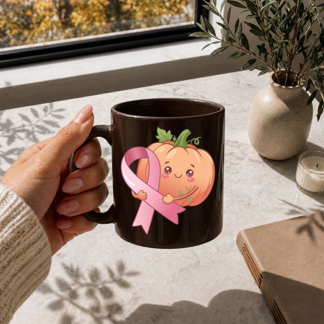 A hand holds a dark brown ceramic mug featuring a cute cartoon pumpkin and pink ribbon graphic, set in a sunlit room with a window, potted plant, candle, and book nearby.