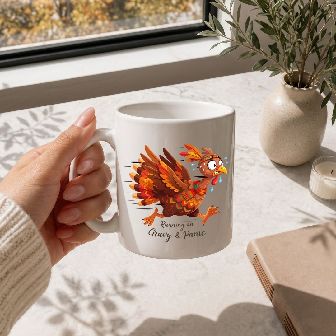A hand holding a white ceramic mug with a colorful cartoon turkey graphic and the text 'Running on Gray & Panic' on a sunlit marble countertop near a window and a small vase.