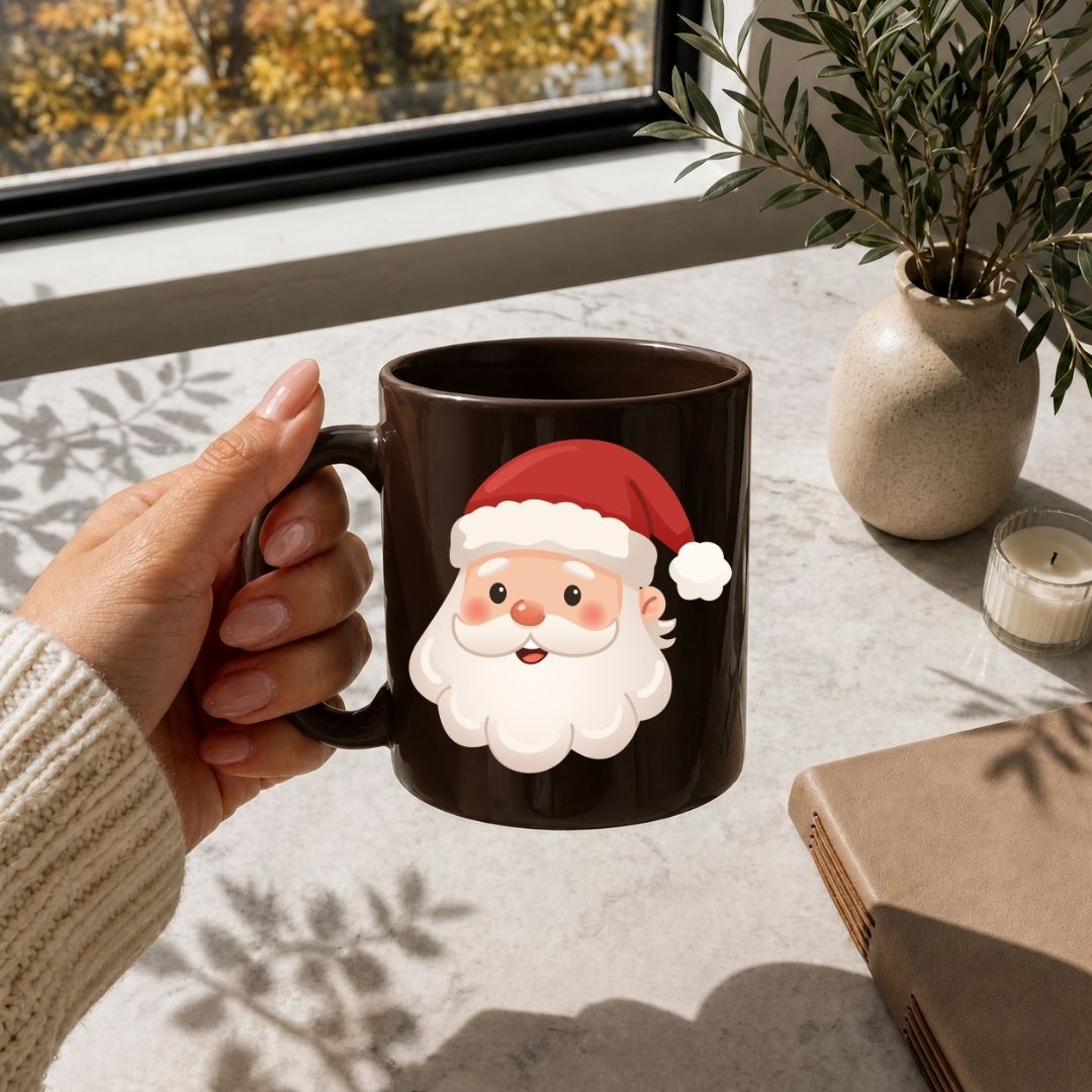 A hand holds a dark brown ceramic mug featuring a cartoon Santa Claus face graphic, set on a windowsill with a book, candle, and potted plant nearby.