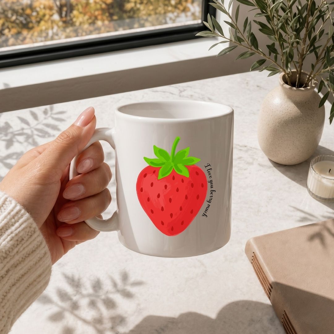 Strawberry Pun Coffee Mug SVG, Cute Valentine Anniversary Gift Cup Design, Transparent Fruit PNG Wrap