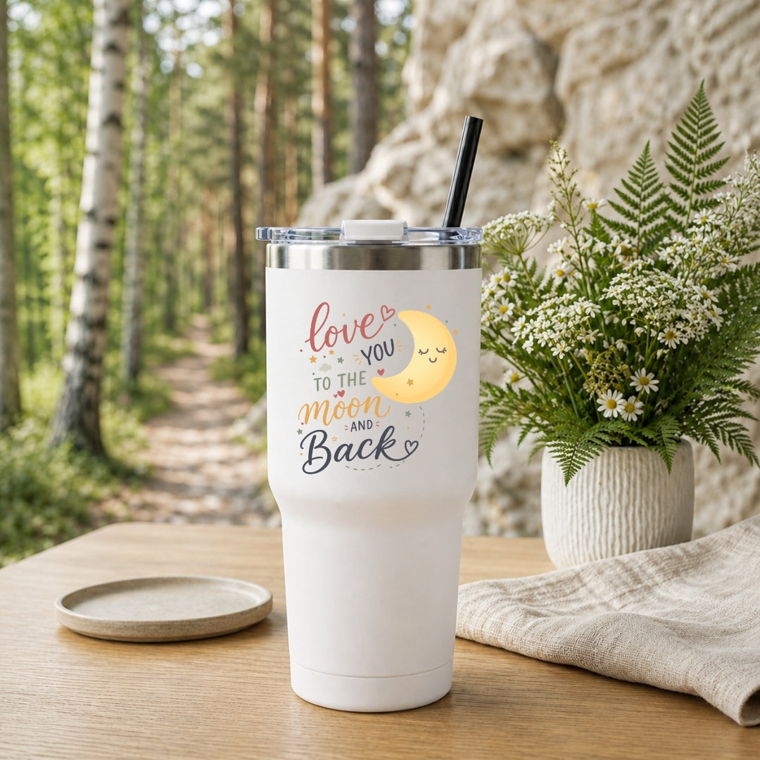 stainless steel tumblers in cream, light blue, and light purple, each decorated with a moon graphic and the text "Love you to the moon and back."