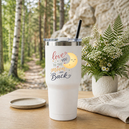 stainless steel tumblers in cream, light blue, and light purple, each decorated with a moon graphic and the text "Love you to the moon and back."
