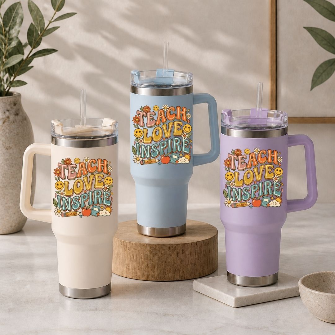 Three insulated tumblers in beige, light blue, and purple, each featuring the vintage-inspired "TEACH LOVE INSPIRE" design.