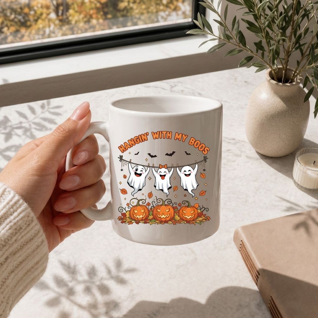 A hand holds a white ceramic mug with a Halloween graphic that reads 'HANGIN' WITH MY BOOS' above three white ghosts, bats, pumpkins, and orange leaves. The mug is photographed on a light stone surface near a window, with a vase, candle, and book in the background.