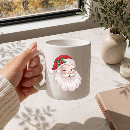 A hand holding a white ceramic mug featuring a cute, winking cartoon Santa Claus with a red hat and white beard, set on a marble tabletop near a window with a plant and candle.