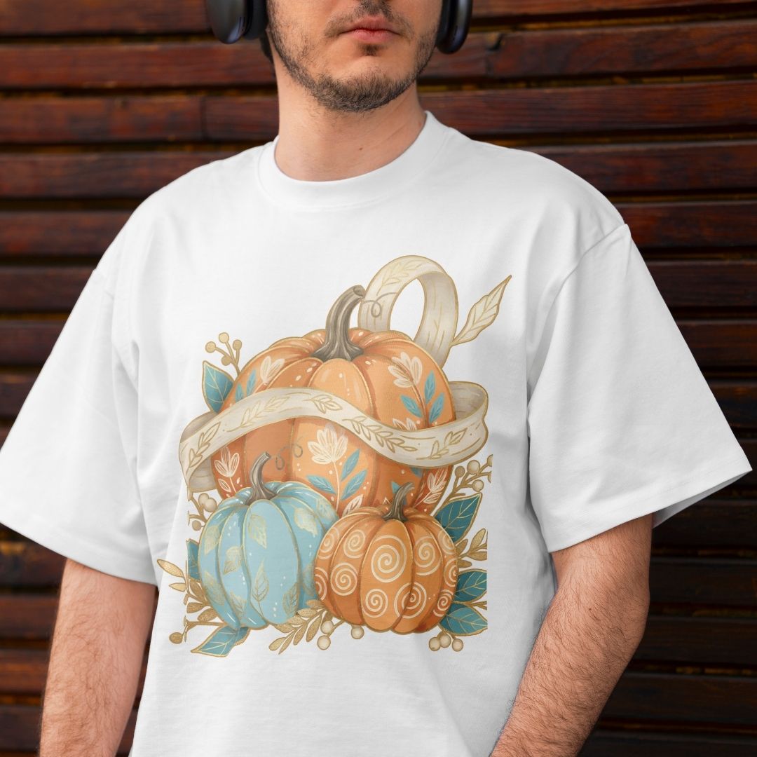 A man wearing a white crewneck t-shirt with a graphic print of patterned pumpkins in orange, beige, and light blue, posed against a dark brown wooden plank background.