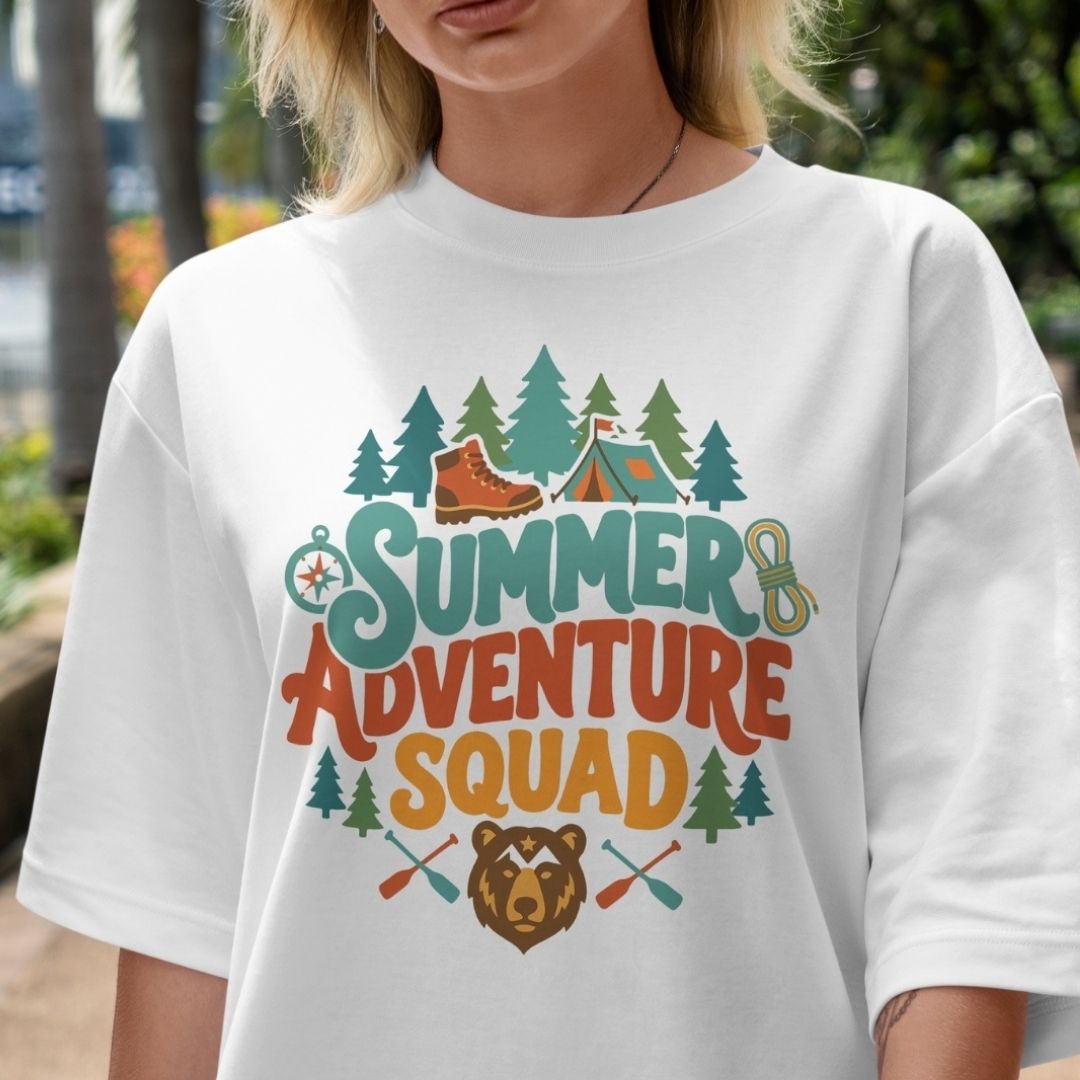 Summer Adventure Squad Women's Shirt, Oversized White Graphic Tee, Aesthetic Retro Nature Hiking Outfit, Wilderness Explorer Travel Top