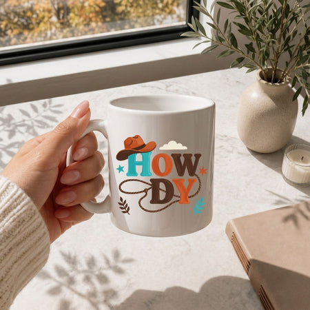 A hand with polished nails holding a clean white ceramic coffee cup decorated with the Western cowboy hat "Howdy" design on a marble table.