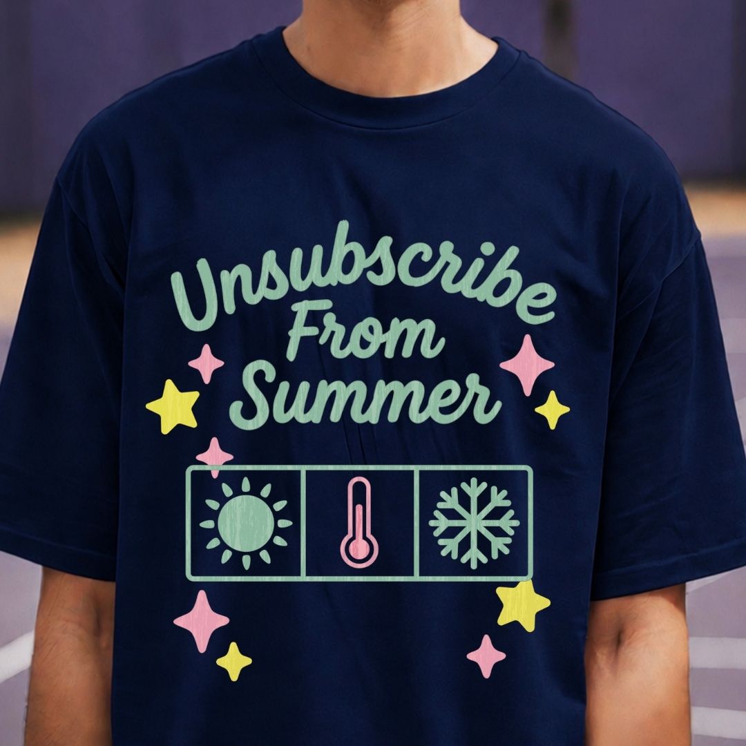 Navy blue t-shirt with 'Unsubscribe From Summer' text and graphics on a blurred background