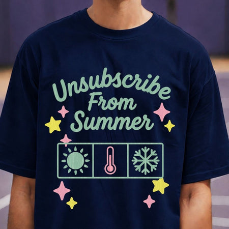 Navy blue t-shirt with 'Unsubscribe From Summer' text and graphics on a blurred background