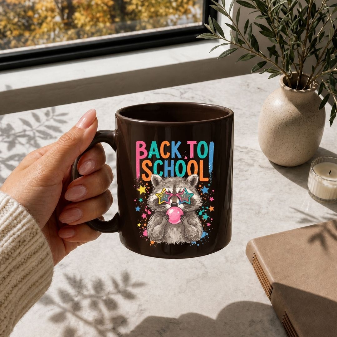 A hand holds a dark brown ceramic mug featuring a colorful 'Back to School' graphic with a cartoon raccoon wearing star sunglasses and a pink bubblegum bubble. The scene is set on a light marble tabletop near a window with a plant and candle in the background.