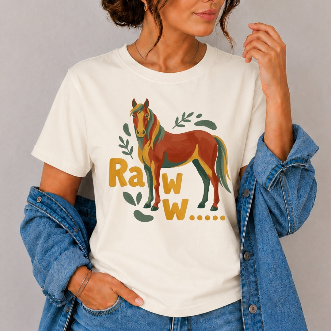 Person wearing a white t-shirt with a horse graphic and 'Rawr' text on a gray background