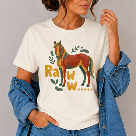 Person wearing a white t-shirt with a horse graphic and 'Rawr' text on a gray background