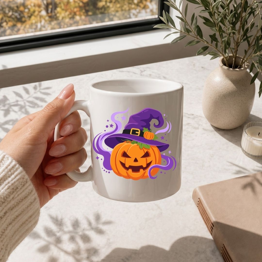 A hand holding a white ceramic mug with a colorful Halloween graphic of a jack-o'-lantern and purple witch hat, set on a light marble tabletop near a window with a plant and candle.