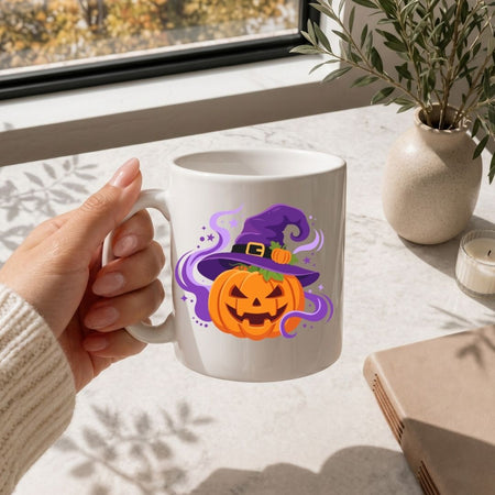 A hand holding a white ceramic mug with a colorful Halloween graphic of a jack-o'-lantern and purple witch hat, set on a light marble tabletop near a window with a plant and candle.