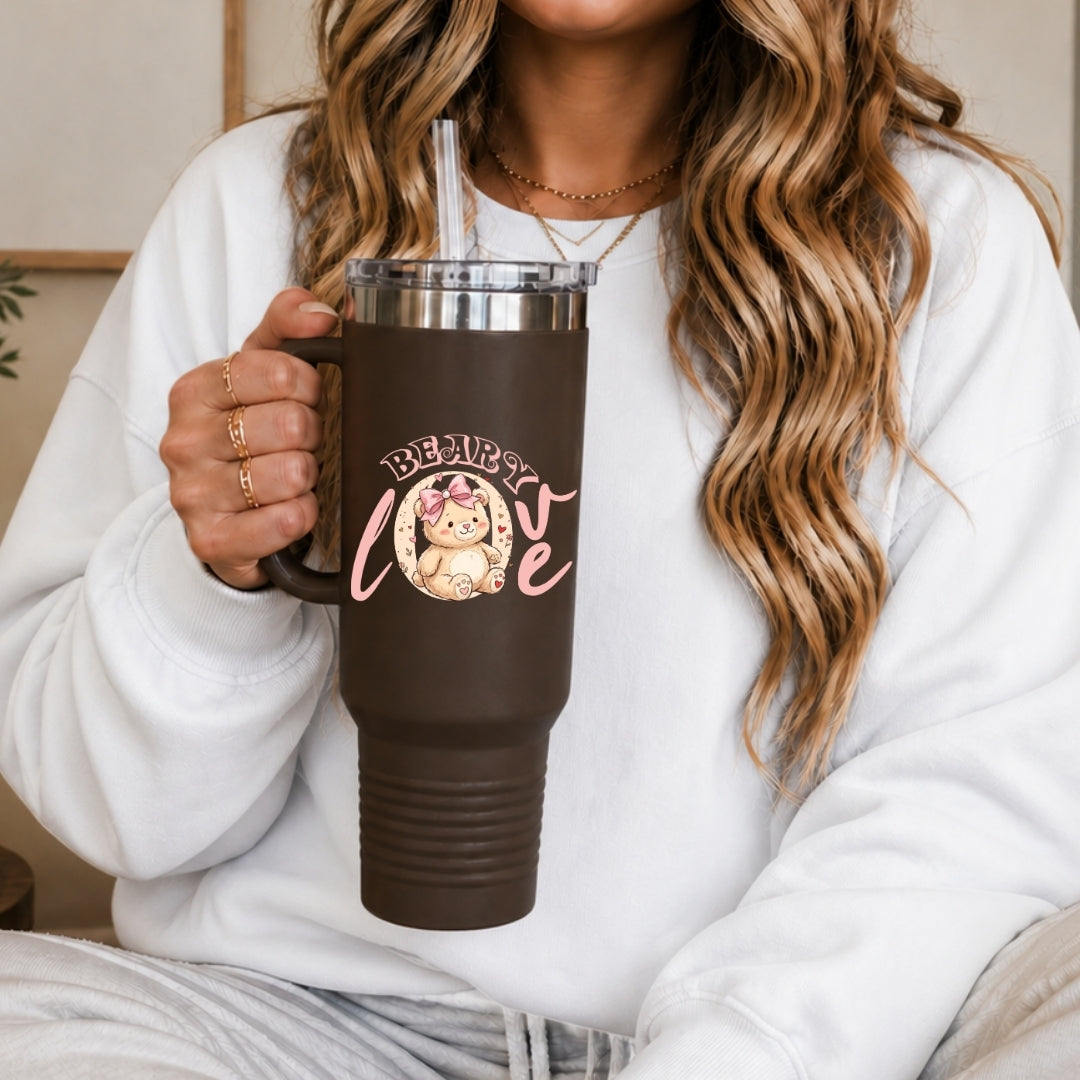 Large Dark Brown Travel Tumbler with Bearly Love Illustration