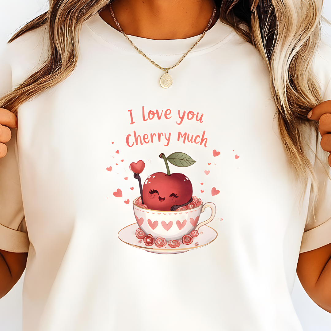 Person wearing a white t-shirt with a cherry-themed graphic and 'I love you cherry much' text.