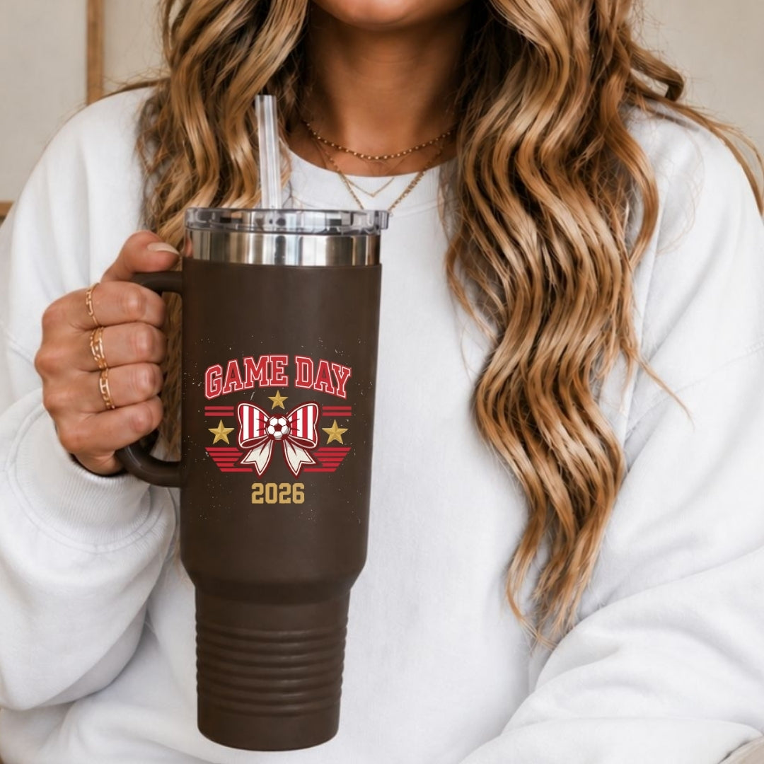 Soccer Game Day 40oz Travel Tumbler with Handle, Insulated Coquette Bow Straw Cup, Dark Brown Stainless Steel Travel Mug