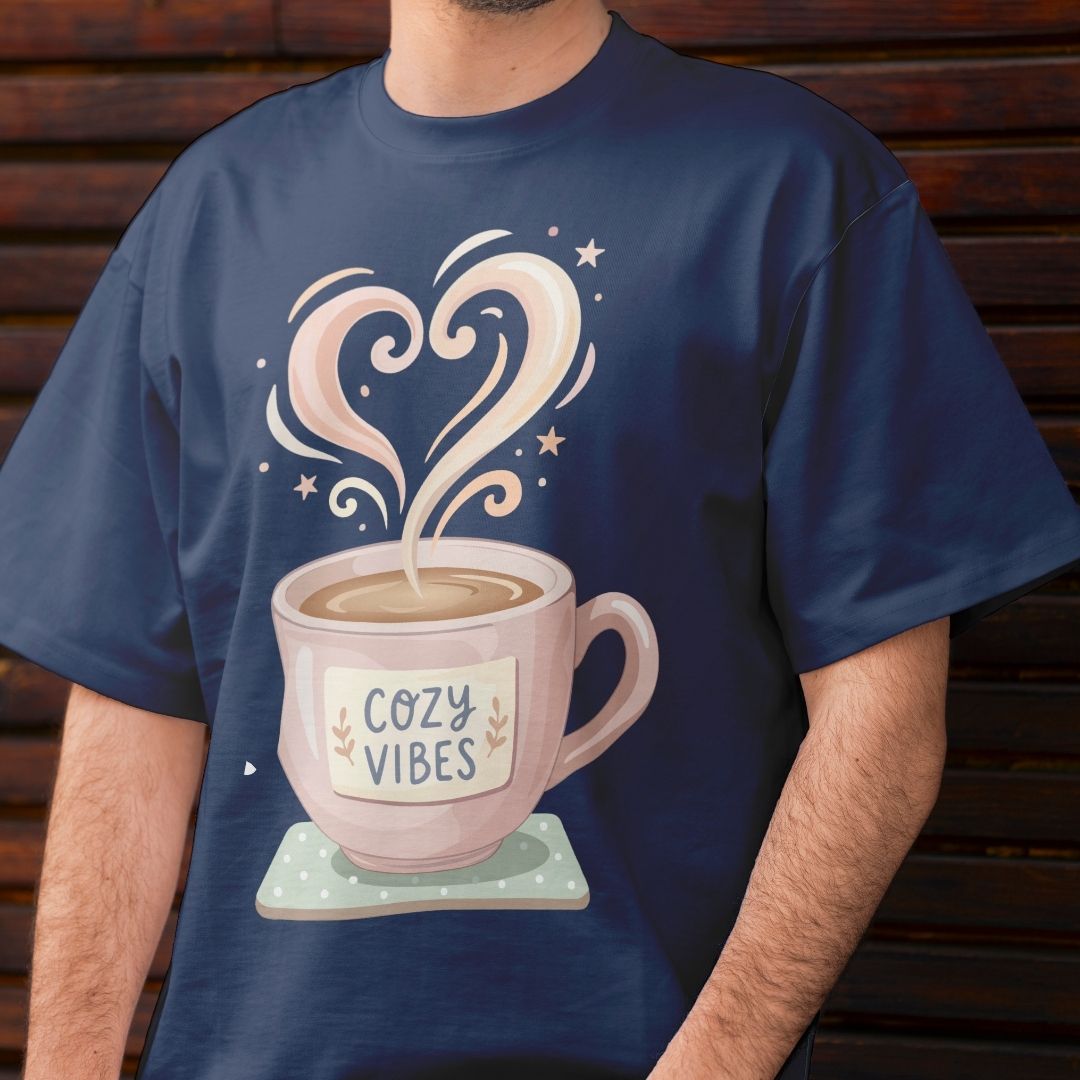 Navy blue t-shirt with a graphic of a steaming coffee cup and 'Cozy Vibes' text, worn by a person.