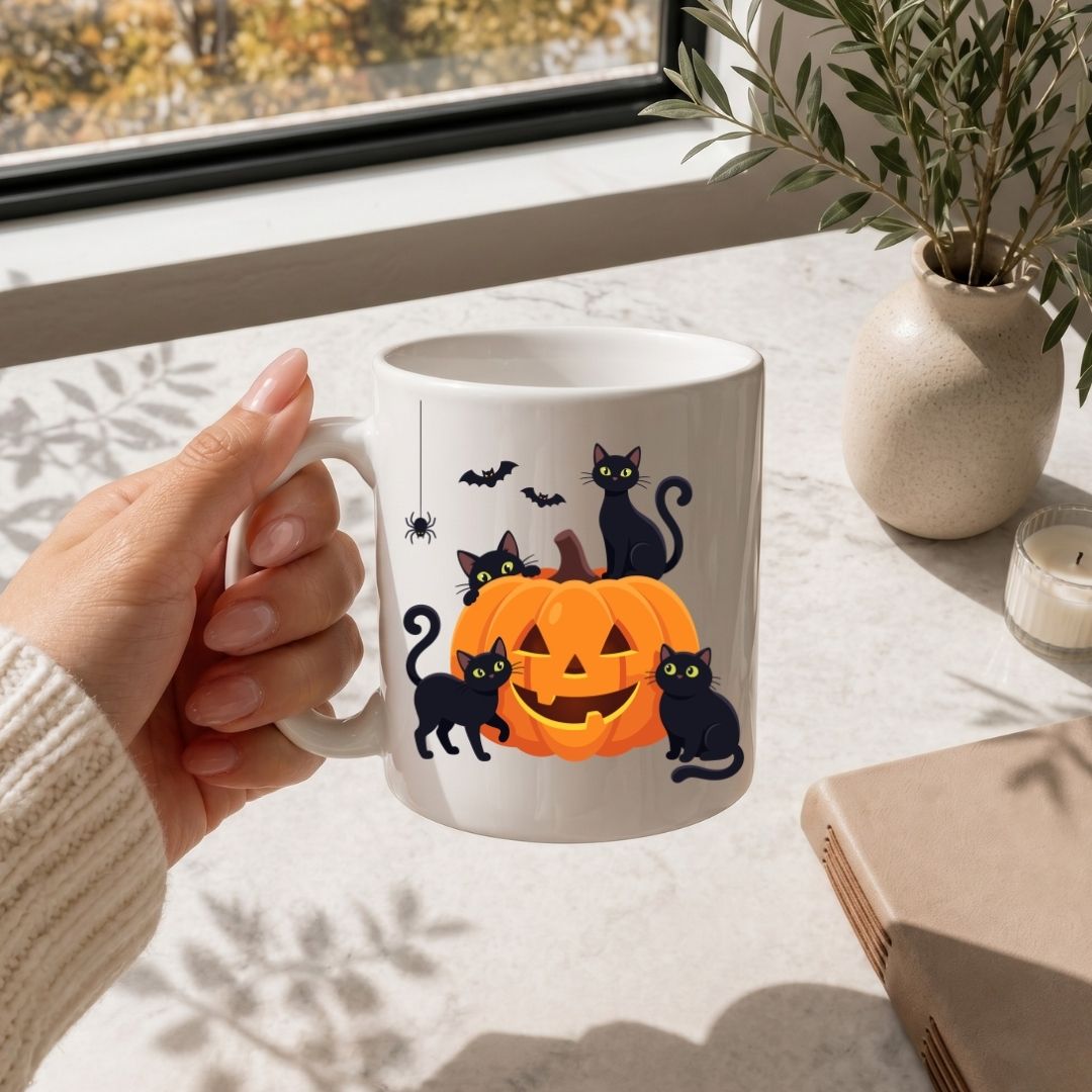 Hand holding a white coffee mug printed with a cute Halloween black cats and pumpkin design, resting on a marble surface.