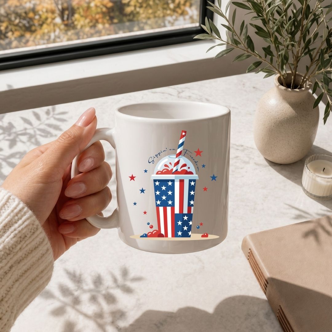 A hand holding a clean white ceramic coffee cup decorated with the red, white, and blue patriotic drink cup design on a bright marble table.