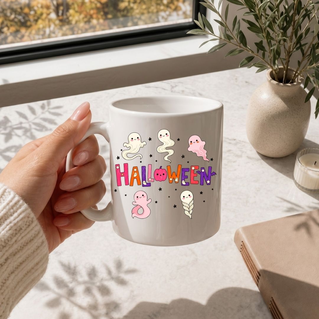 A hand holding a white ceramic mug with a colorful 'HALLOWEEN' graphic and cartoon ghosts, set on a marble tabletop near a window with a plant and candle in the background.