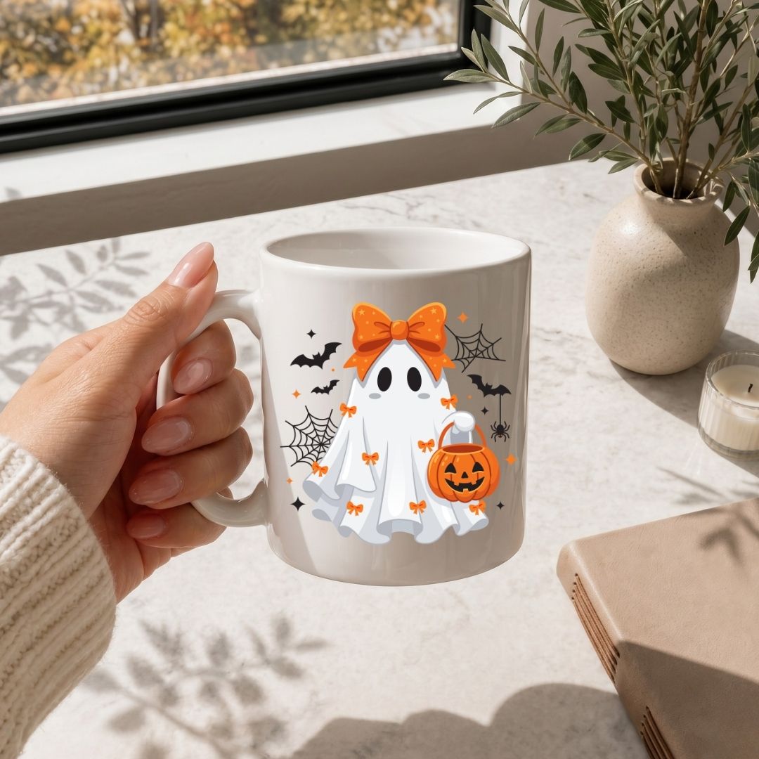Hand holding a white coffee mug printed with a cute Halloween ghost design, resting on a marble countertop next to a plant vase.