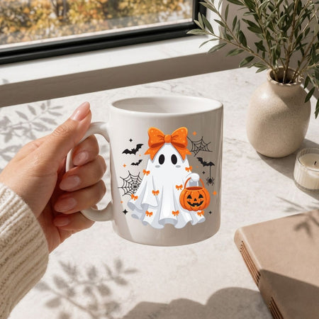 Hand holding a white coffee mug printed with a cute Halloween ghost design, resting on a marble countertop next to a plant vase.