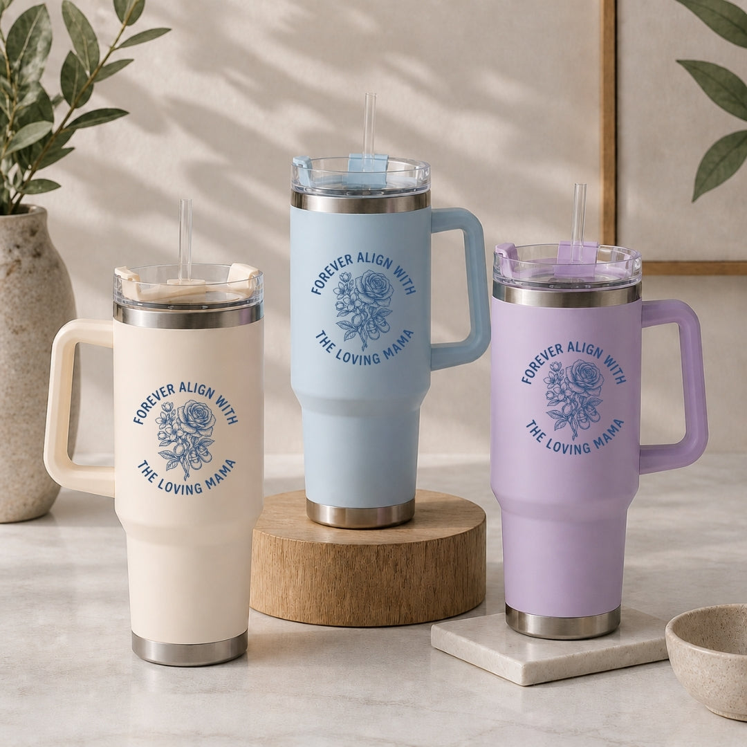 Three insulated travel tumblers with handles and straws in cream, light blue, and pastel purple, all customized with the circular blue rose mother's design.
