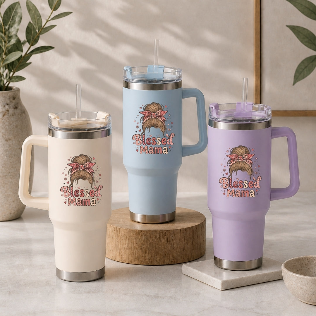 Three insulated mugs with 'Blessed Mama' design on a neutral background