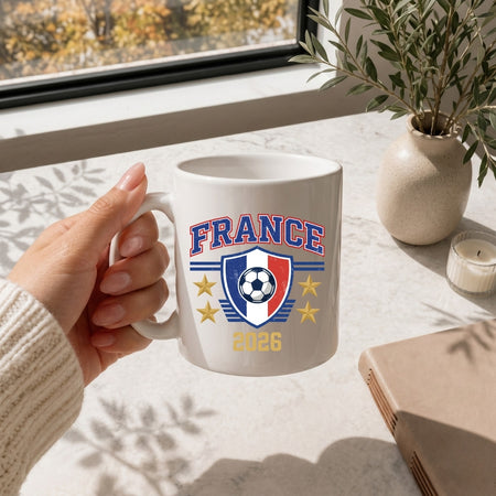 White Ceramic Coffee Mug Mockup with France 2026 Soccer Crest Illustration