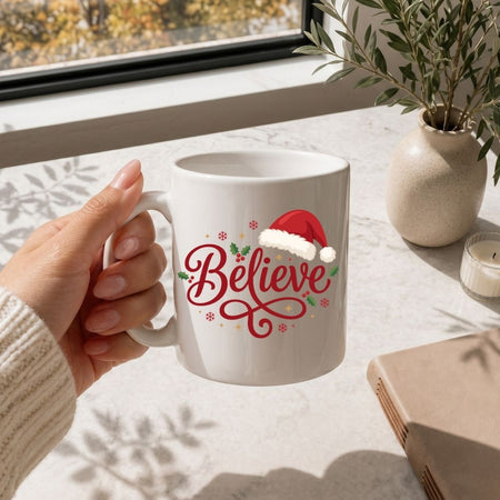 Hand holding a white coffee mug printed with a festive "Believe" text and Santa hat graphic.