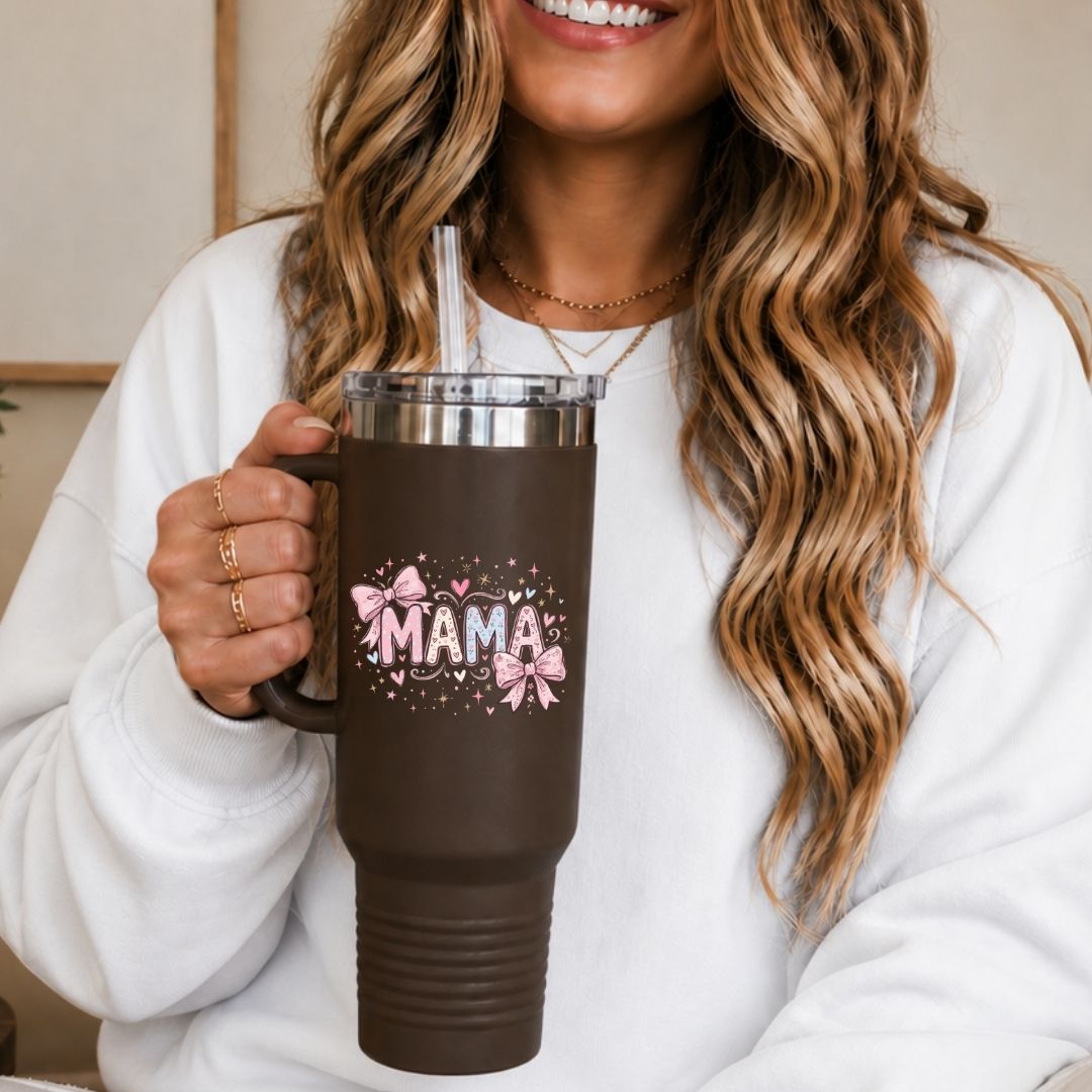 Large Dark Brown Travel Tumbler with Coquette Mama Design