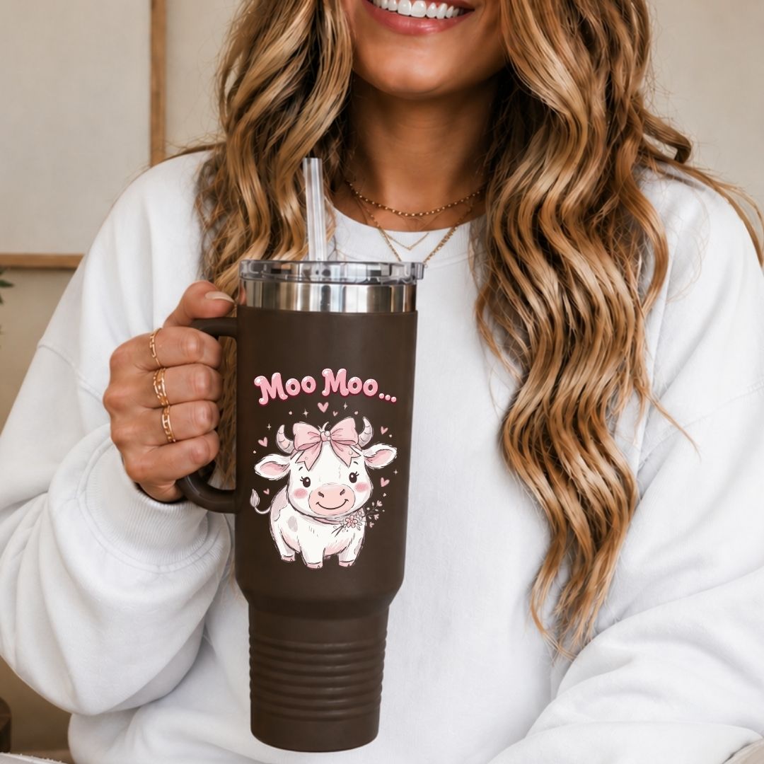 Moo Moo Cow 40oz Travel Tumbler with Handle, Insulated Cute Calf Straw Cup, Dark Brown Stainless Steel Travel Mug