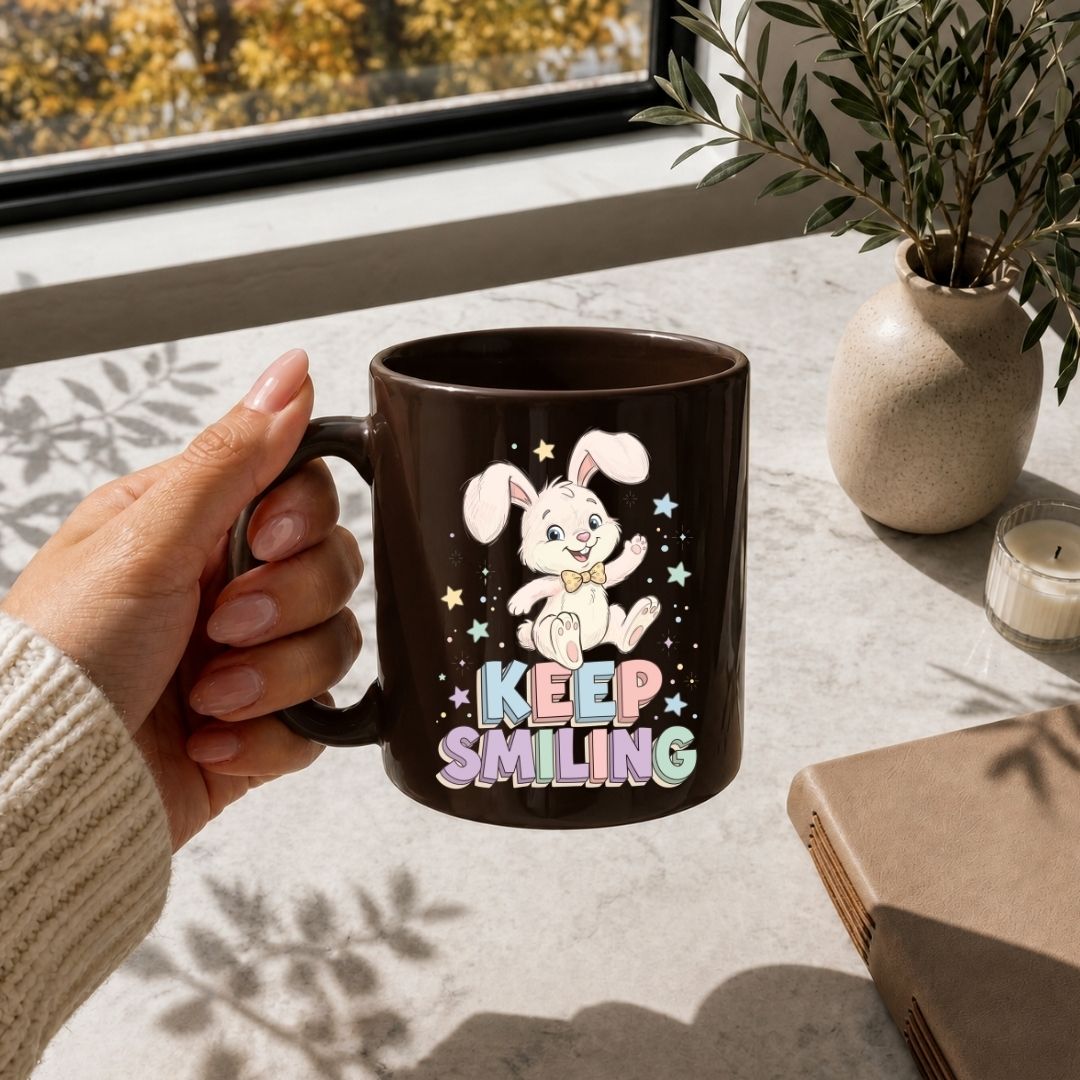 A close up of a person holding a glossy dark brown ceramic mug by a window, printed with a whimsical vintage style rabbit graphic and motivational text.