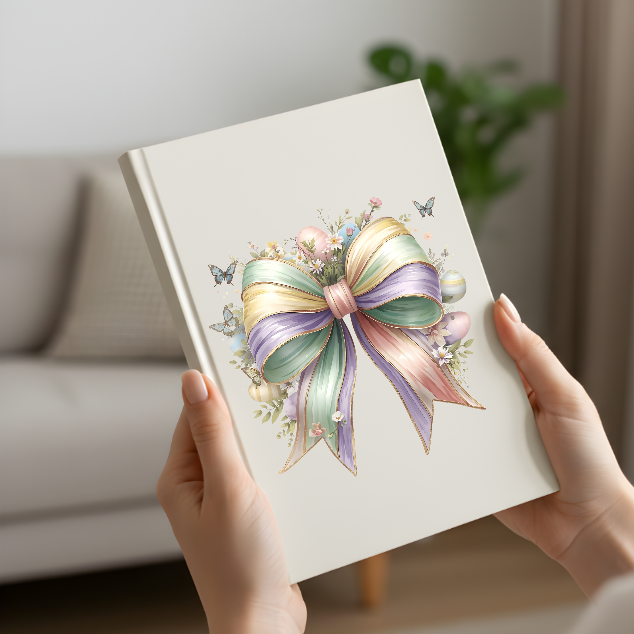 Notebook with a decorative bow design held by hands in a blurred indoor setting