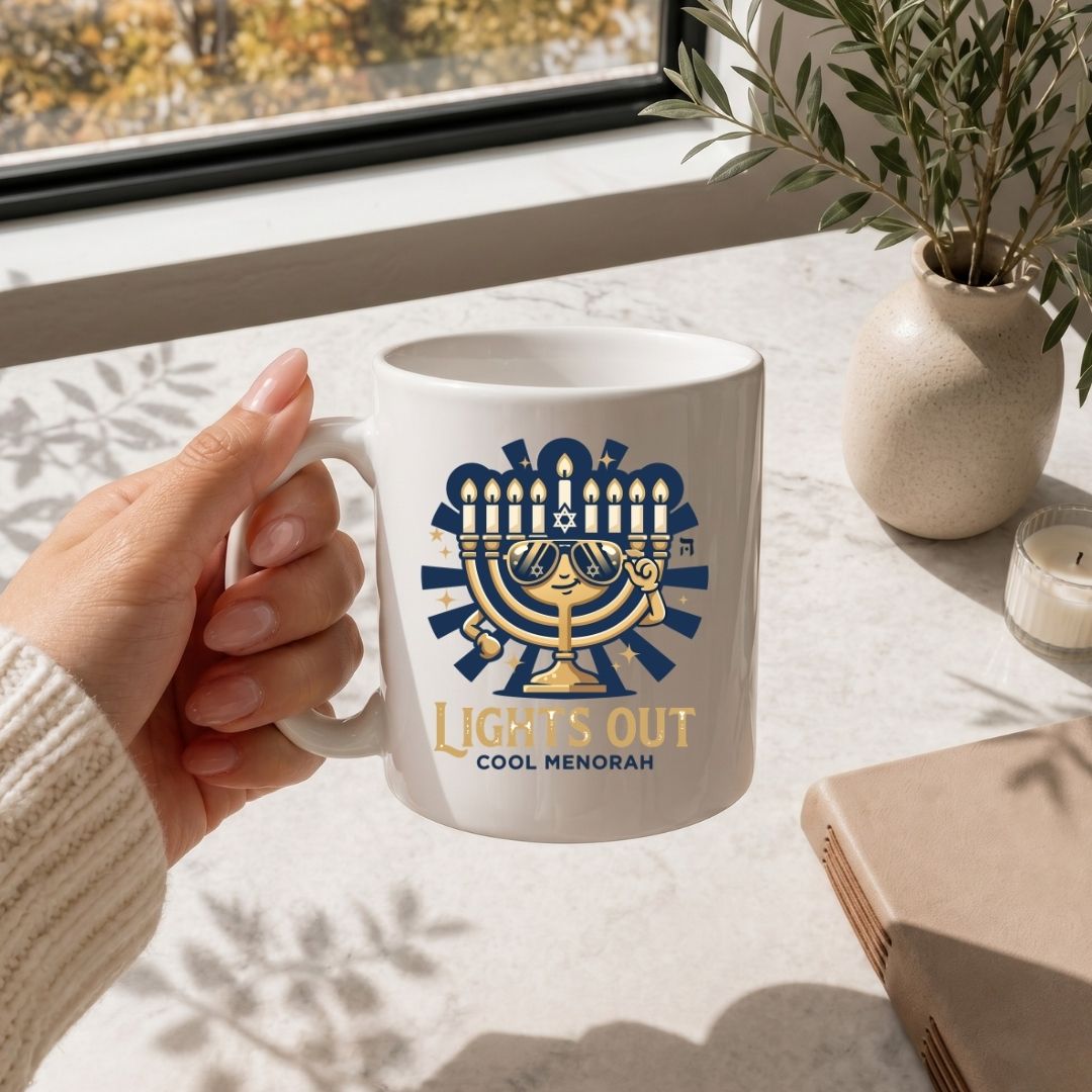 A white stainless steel travel tumbler with a black straw sitting on a wooden table, featuring a graphic of a cool Hanukkah menorah with sunglasses and the phrase "LIGHTS OUT COOL MENORAH".