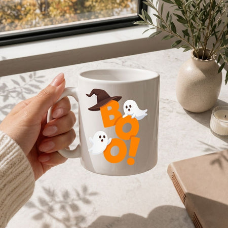 Hand holding a white coffee mug printed with an orange "BOO!" Halloween ghost and witch hat design on a marble tabletop.