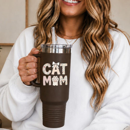 Dark Brown 40oz Travel Tumbler with Handle, Floral Cat Mom Insulated Cup, Coquette Bow Cat Lover Travel Mug, Large Stainless Steel Water Bottle