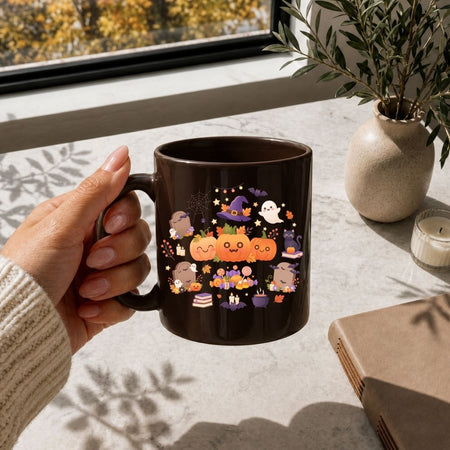 A hand holds a dark brown ceramic mug decorated with a cute cartoon Halloween scene featuring pumpkins, ghosts, witches, and candles. The background shows a cozy indoor setting with a window, plant in a vase, and a candle.