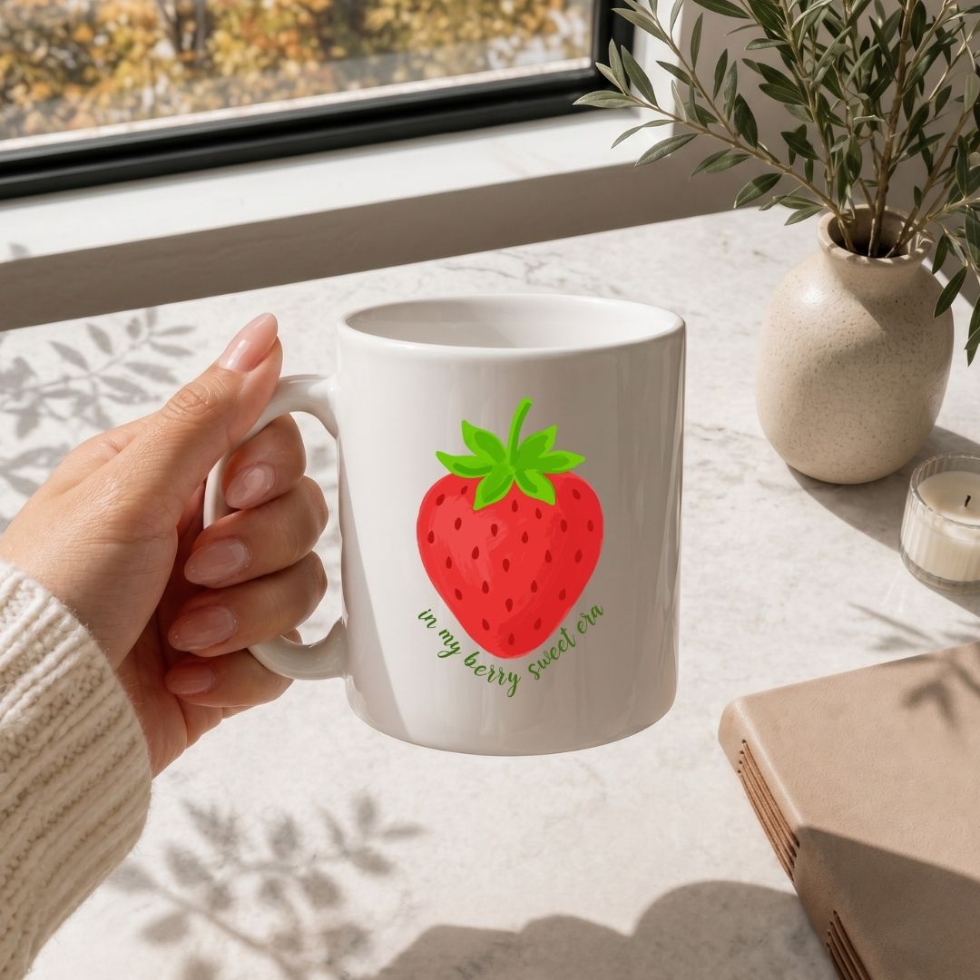 Strawberry Quote Coffee Mug SVG, Cute Cottagecore Fruit Gift Cup Design, Transparent Fruit PNG Wrap
