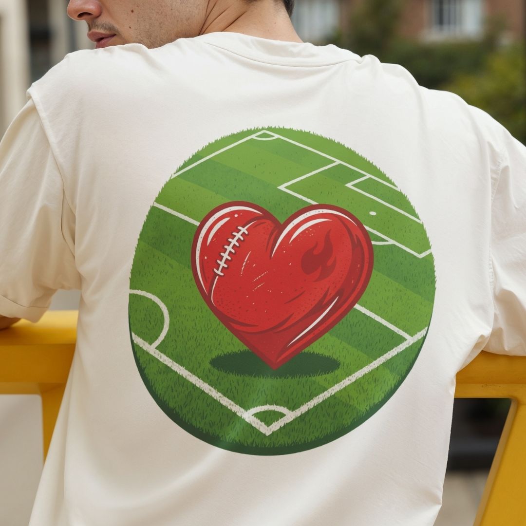 Person wearing a t-shirt with a red heart on a green field design.