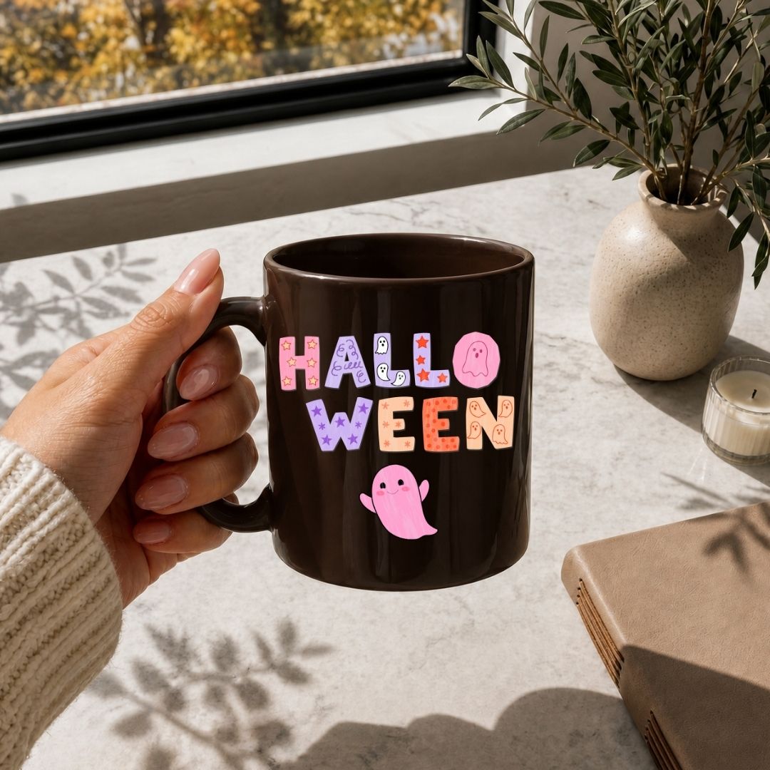 A hand holds a dark brown ceramic mug with a colorful 'HALLOWEEN' text design and a pink ghost graphic, set on a light stone surface near a window with a plant and candle in a cozy indoor setting.