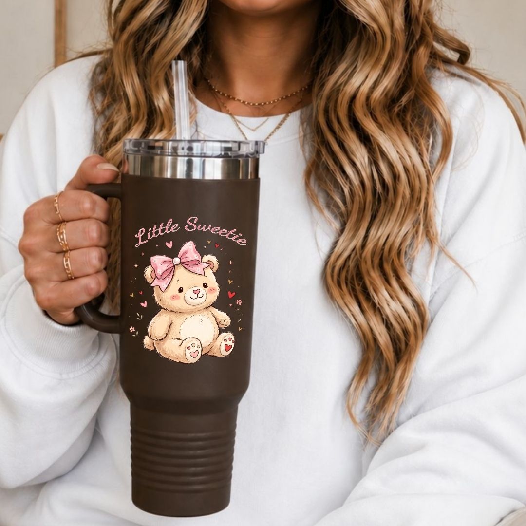 Dark Brown Travel Tumbler with Cute Teddy Bear Illustration