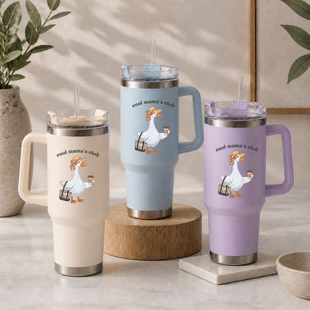 Cool Mama's Club 40oz Travel Tumbler with Handle, Insulated Sassy Goose Straw Cup, Pastel Cream and Blue Travel Mugs for Moms