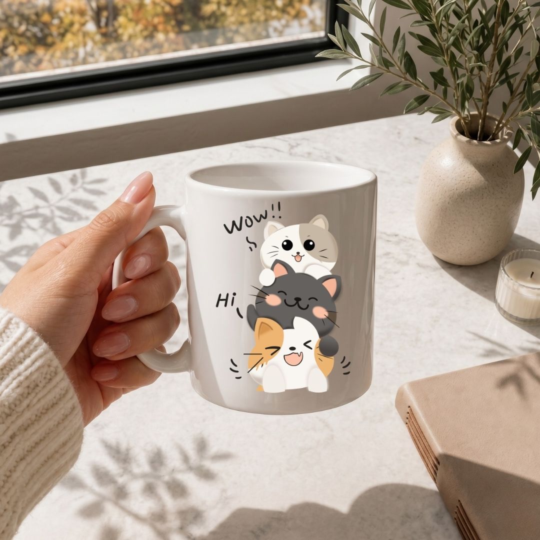 Cute Cat Coffee Mug SVG, Stacked Kittens Cup Design, Kawaii Pet Lover Transparent PNG Wrap